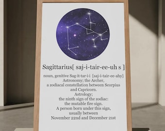 May include: A framed print featuring the Sagittarius constellation in a purple and white design. The print includes the definition of Sagittarius, the Archer, and the dates November 22nd to December 21st.