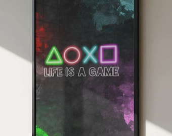 Pôster decorativo para parede com citação sobre jogos: A vida é um jogo, perfeito para o quarto de gamers.