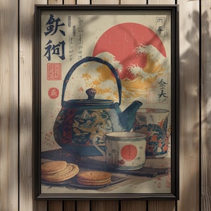 Japansk teservis och kex Ukiyo-e-tryck: Vintage kökskonst