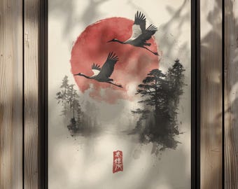 Japanese Crane Print: Red Sun Sumi-e Ink Wash art