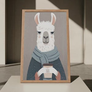 Llama with Coffee Print: Modern vectorised Wall Art for Kitchen
