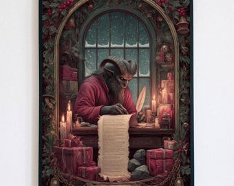 Krampus Writing the Naughty List: Gothic Christmas Wall Art