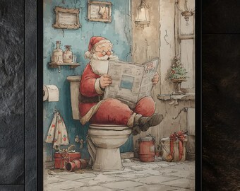 Santa Claus On Toilet Reading Newspaper: Funny Winter Bathroom Print