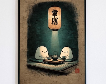 Ghost Spirit Yokai's Drinking Tea: Japanese Print