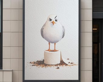 Funny Seagull Bathroom Print: Grumpy Bird Toilet Paper Poster