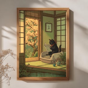 以下が含まれることがあります： 赤いバンダナをつけた黒猫が、猫用トイレの中で新聞を読んでいる様子を描いた額入りのアートプリント。桜の木が見える和風の部屋が舞台。