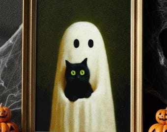 May include: A framed Halloween-themed artwork featuring a friendly ghost holding a black cat with green eyes. The artwork is in a gold frame and is surrounded by carved pumpkins and spiderwebs, creating a spooky yet charming scene.