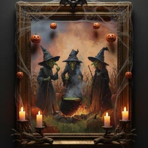 Może przedstawiać: Oprawione dzieło sztuki o tematyce Halloween przedstawia trzy czarownice zgromadzone wokół kotła. Czarownice mają czarne kapelusze i szaty, z zieloną skórą. Złota rama jest ozdobiona dyniami, świecami i nietoperzem.