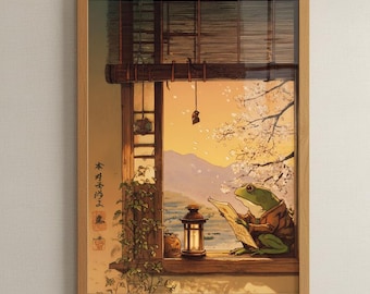 Japanese Frog Reading Scroll | Scenic Chilling on Windowsill | Vintage Hiroaki takashi Style Print