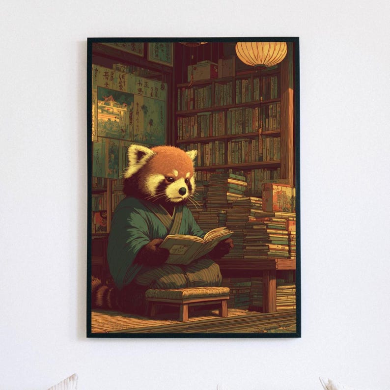 Red Panda Reading in Book Shop: Traditional Japanese Print - Etsy