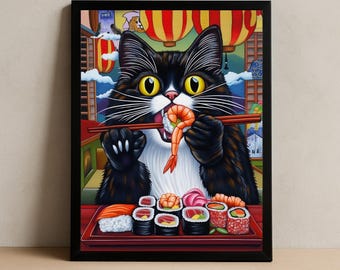 Sushi Night with a Tuxedo Cat Print: Wall Art, Wall decor, Japanese, Korean, Oriental.