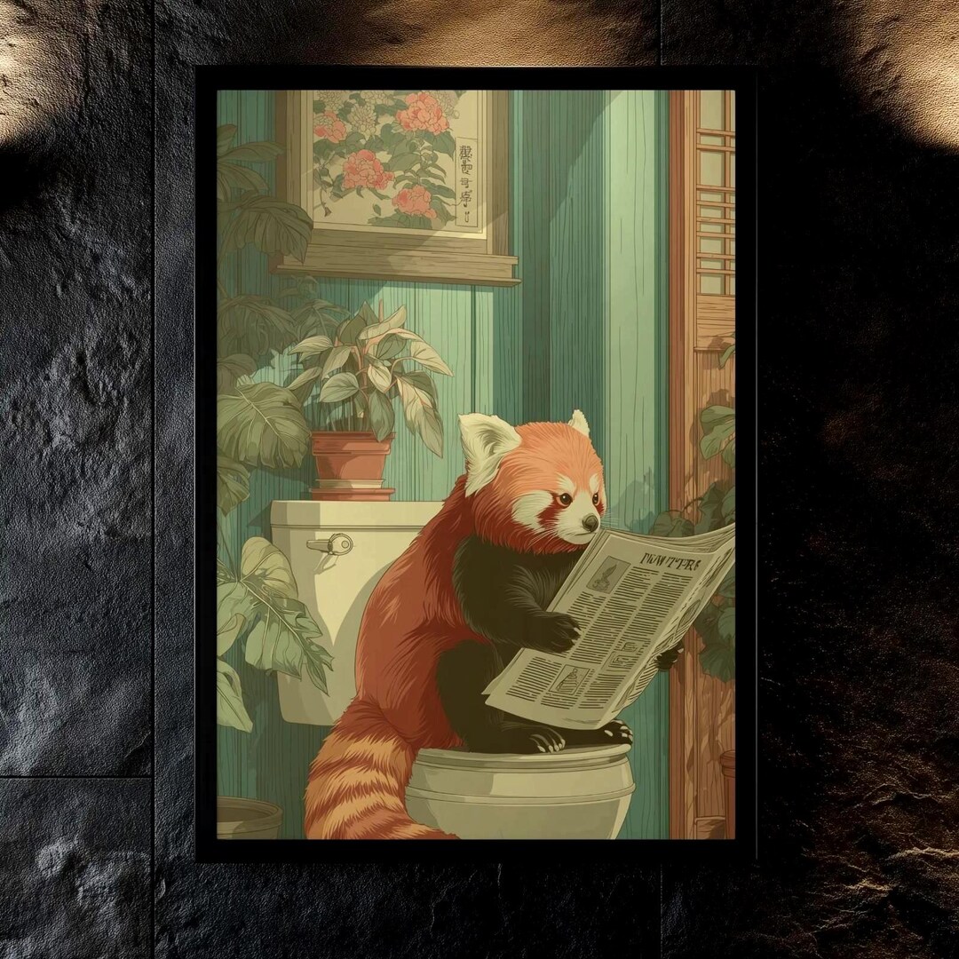 Red Panda on Toilet Reading the Paper: Vintage Japanese Wall Art Print ...