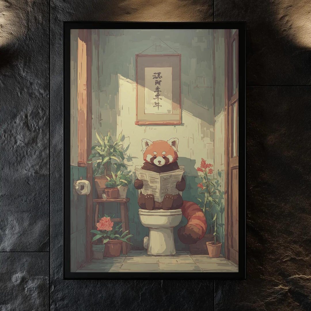Red Panda on Toilet Print: Reading Newspaper, Japanese Inspired ...