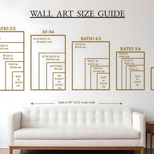 May include: Wall art size guide showing frame ratios and dimensions in inches and centimetres. Ratios include 2:3, 4:5, 3:4, and 11x14, with sizes such as 24x36 in (61x91 cm). A white sofa is positioned below the guide.
