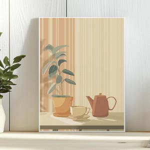 Aardekleurige print van waterkoker en thee: rustieke keukenmuurkunst