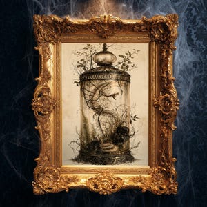May include: A rectangular ornate gold frame containing an illustration of a glass cloche. Inside the cloche, a skeletal snake is coiled among dark, tangled vines, ferns, and small leaves. The background of the illustration is a muted cream colour.