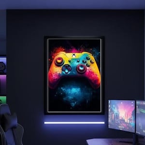 Impression d&#39;art de la manette de jeu néon : décoration de joueur moderne
