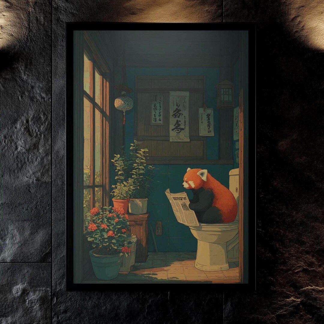 Red Panda Reading Newspaper on Toilet Print | Vintage Japanese Wall Art ...