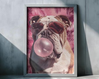 Britse Bulldog Bubble-gum Art: stijlvolle tropische hondenprint