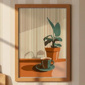 May include: A framed art print featuring a still life scene. The artwork depicts a potted plant with green leaves, a cup of coffee on a saucer, and a warm color palette. The frame is made of wood.