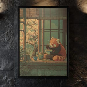 Red Panda Ramen Print: Vintage Japanese Ukiyo-e Cherry Blossom Teahouse Wall Art