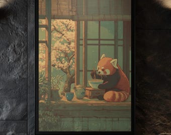 Red Panda Ramen Print: Vintage Japanese Ukiyo-e Cherry Blossom Teahouse Wall Art