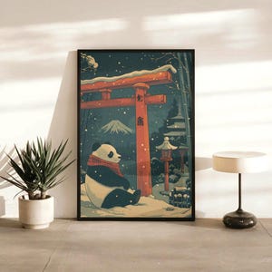 Panda Torii Gate Print: Mount Fuji Landscape, Vintage Japan Artwork