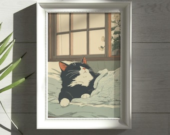 Sleepy Tuxedo Cat: Japanese Muted Tone Print