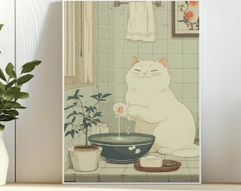 Maneki Neko Cat Print: Japanese Bathroom Wall Art
