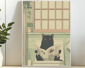 Black Cat On Bog Print: Newspaper Toilet Wall Art