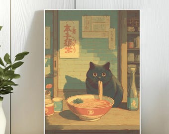 Japanese Noodle Bar Cat Print: Warm tones, Ramen Wall Art