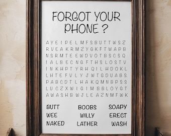 Funny Bathroom Word Search Print: “Forgot Your Phone?” Humorous Toilet Art