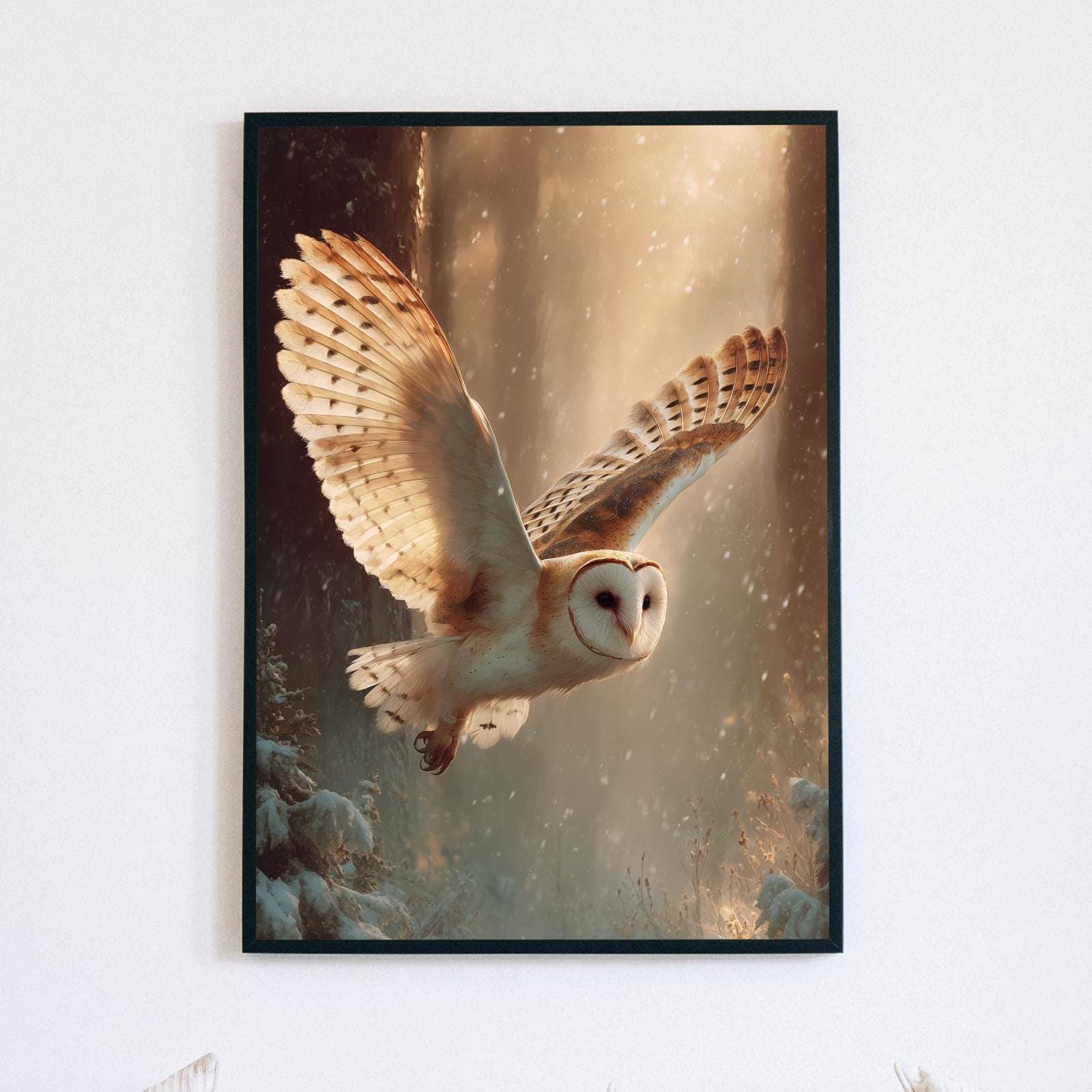 Winter Barn Owl Wall Art: Majestic Forest Print, Christmas Wildlife Decor