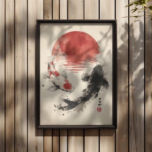 Koi Fisch Yin Yang Wandbild: Japanische Red Sun Tuschemalerei