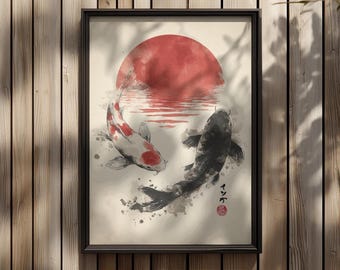Koifisk Yin Yang väggkonst: Japansk röd solbläckmålning