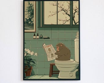 Cute Macaque Snow Monkey On Toilet Reading Newspaper Print: Japandi Restroom Wall Decor
