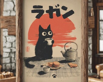 Japanese Tea Black Cat Print: Teahouse Wall Art