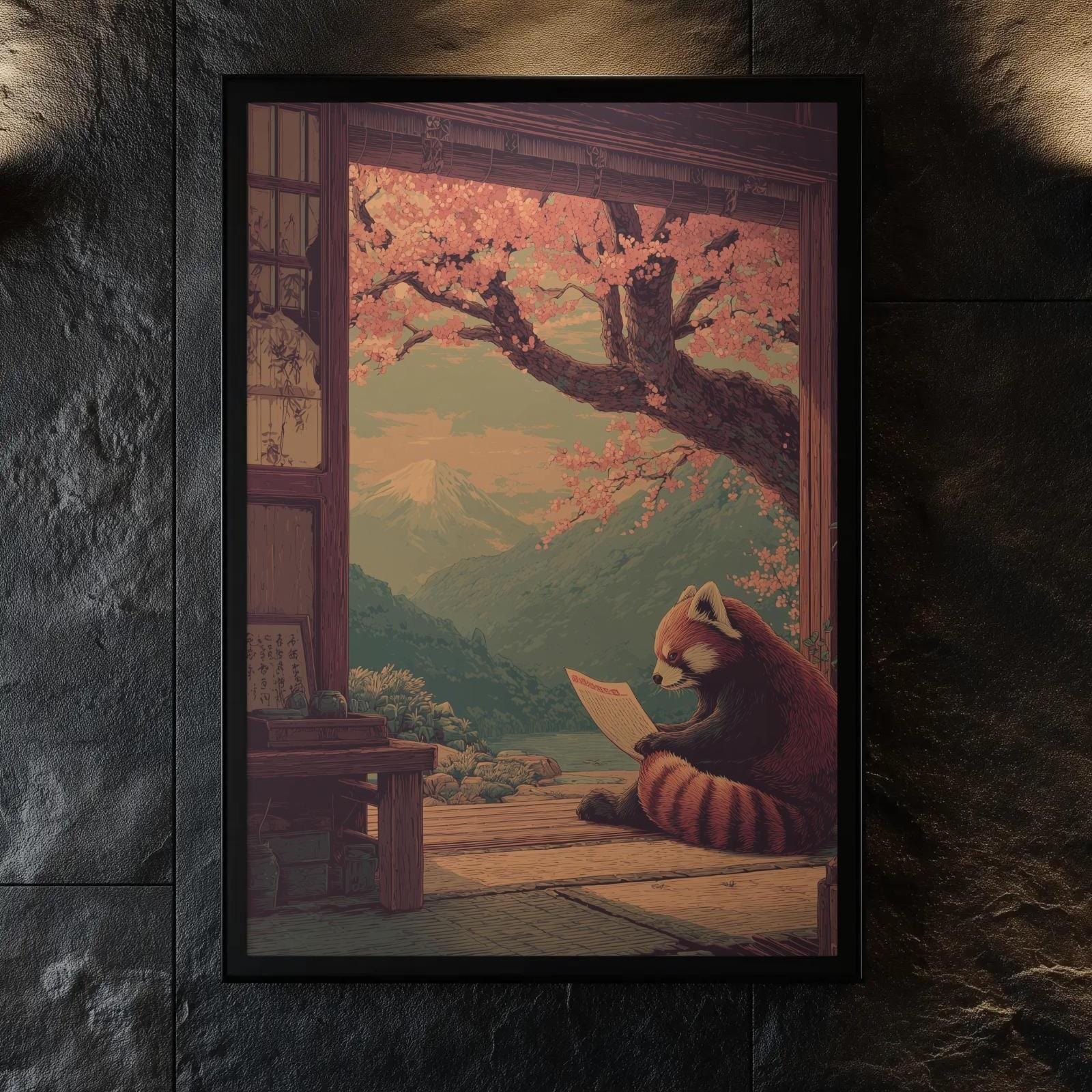Red Panda Reading Scroll: Vintage Japanese Wall Art Print - Etsy