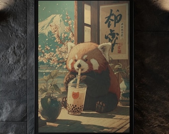 Red Panda Bubble Tea Print: Vintage Japanese Wall Art, Kawaii Boba Kitchen Decor