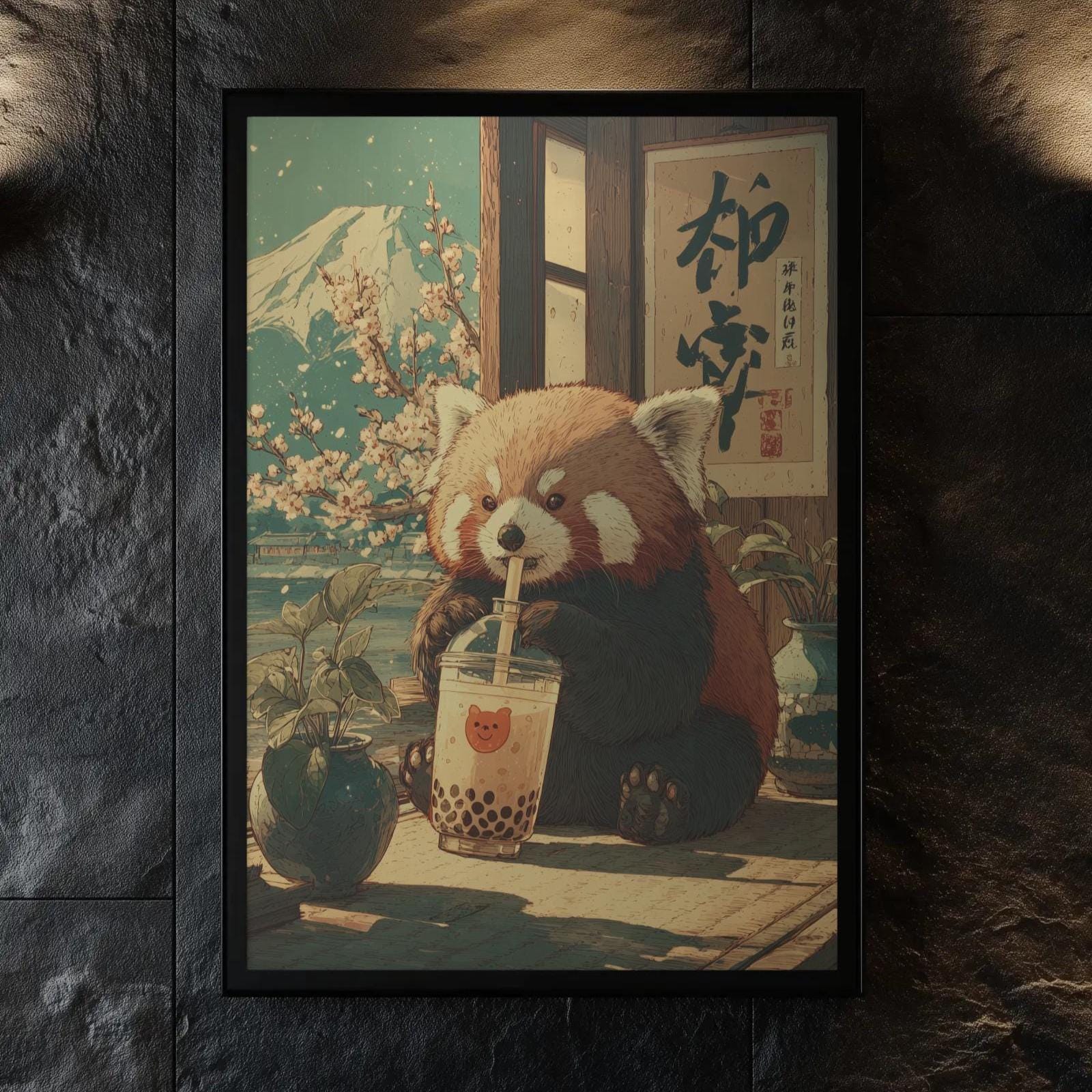 Red Panda Bubble Tea Print: Vintage Japanese Wall Art, Kawaii Boba ...