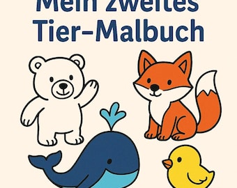 May include: A children's coloring book cover with the text "Mein zweites Tier-Malbuch". The image features cartoon illustrations of a white bear, an orange fox, a blue whale, and a yellow chick, all outlined in black on a cream background.