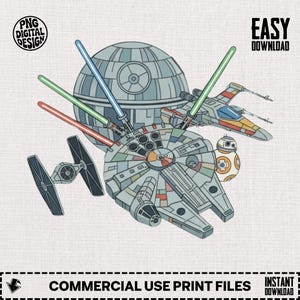 Può includere: Design digitale con elementi iconici di Star Wars. Include il Millennium Falcon, la Morte Nera, X-wing, BB-8 e TIE fighter, con spade laser. Il design è in stile cartone animato, con il testo "PNG DIGITAL DESIGN" e "EASY DOWNLOAD".