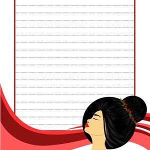 以下が含まれることがあります： 赤い縁取りと右上に赤いバラが付いた、白い罫線入りのメモ帳。「She Achieves」の文字が上部にあります。黒髪と赤い花の冠をつけた女性の横顔が下部にあります。