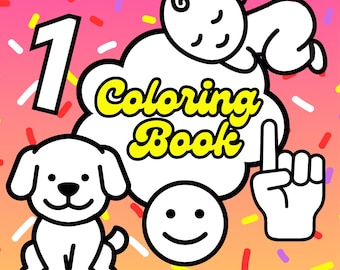 May include: A children's coloring book cover with a pink and yellow background scattered with colorful confetti. The cover features the text "My 1st" and "Coloring Book", along with illustrations of a baby, a dog, a smiley face, and a hand pointing up. The book is for ages 1-3.