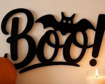 BOO! Halloween Wall Sign | 3D Printable Bat Silhouette Plaque | Spooky Wall Decor STL File | Halloween Decoration Sign