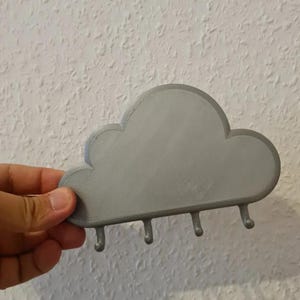 May include: A gray cloud-shaped wall hook with four small hooks. The decorative piece is made of a solid material and is designed to hang items. The cloud has a rounded shape and is held by a hand.