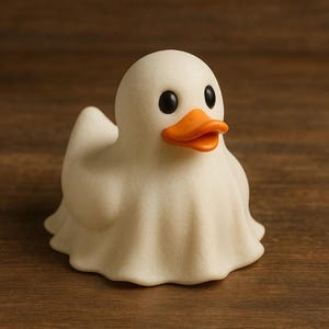 May include: A whimsical, off-white rubber ducky shaped like a ghost. It has black eyes and an orange beak. The duck is sitting on a wooden surface.