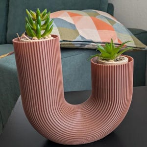Puede incluir: Una maceta en forma de U, de color terracota, con detalles acanalados verticales. La maceta contiene dos pequeñas plantas suculentas verdes. El diseño es moderno y escultural, adecuado para la decoración de interiores.