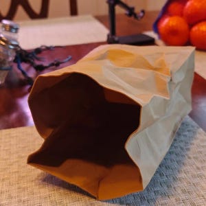 May include: A brown paper bag, open and empty, sits on a textured surface. The bag is rectangular with a folded top and a visible interior. Oranges are visible in the background.