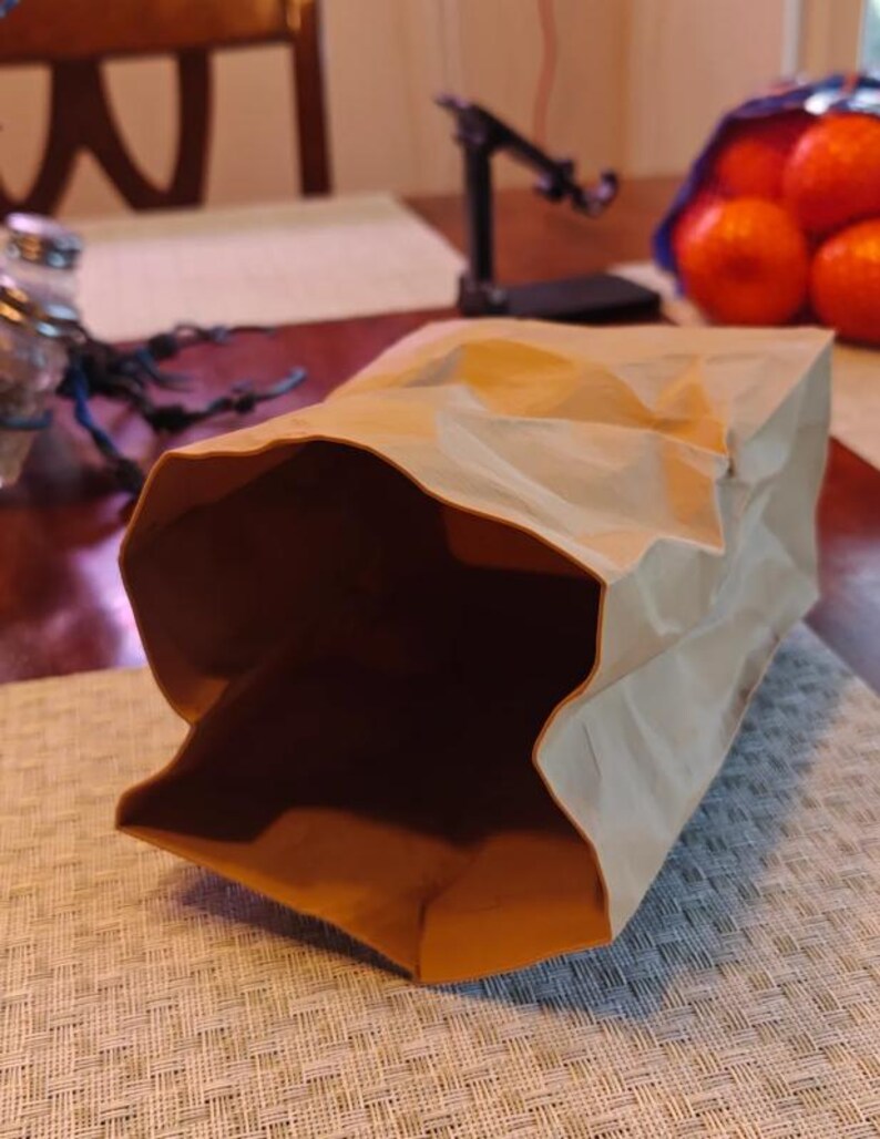 May include: A brown paper bag, open and empty, sits on a textured surface. The bag is rectangular with a folded top and a visible interior. Oranges are visible in the background.